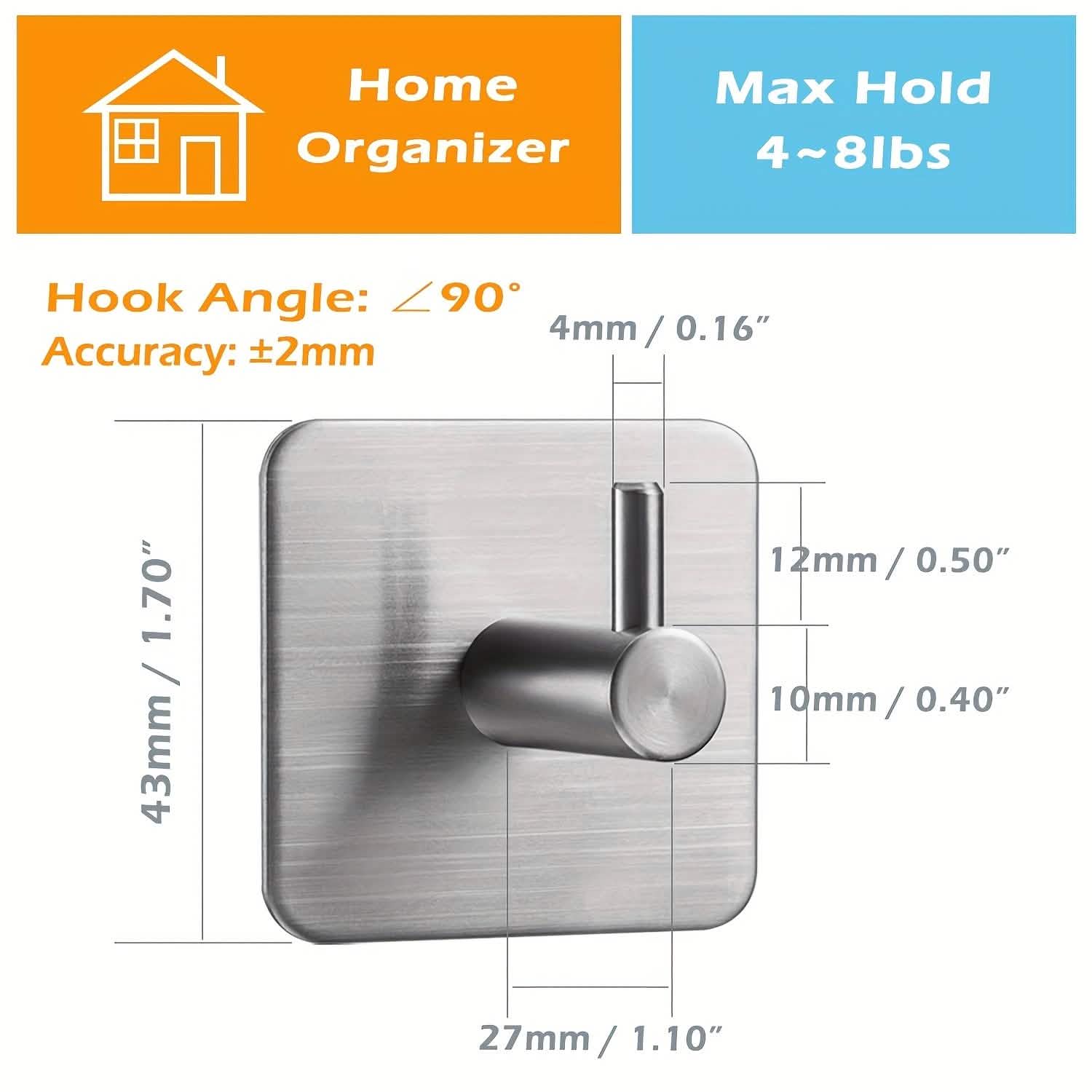 4-Pack Heavy Duty Stick Hooks – Stainless Steel, Waterproof, Wall Mount