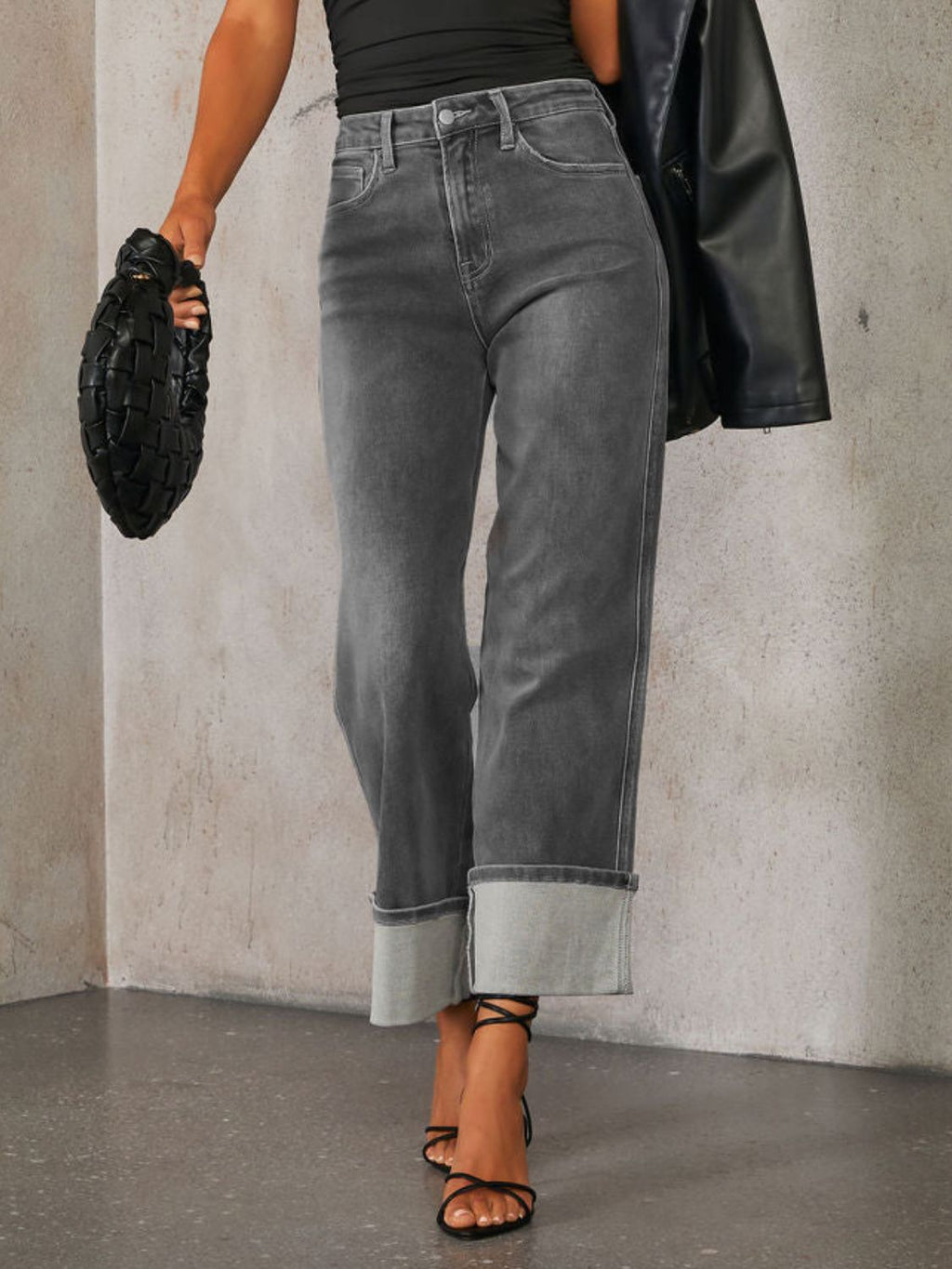 High Waisted Straight Leg Rolled Jeans