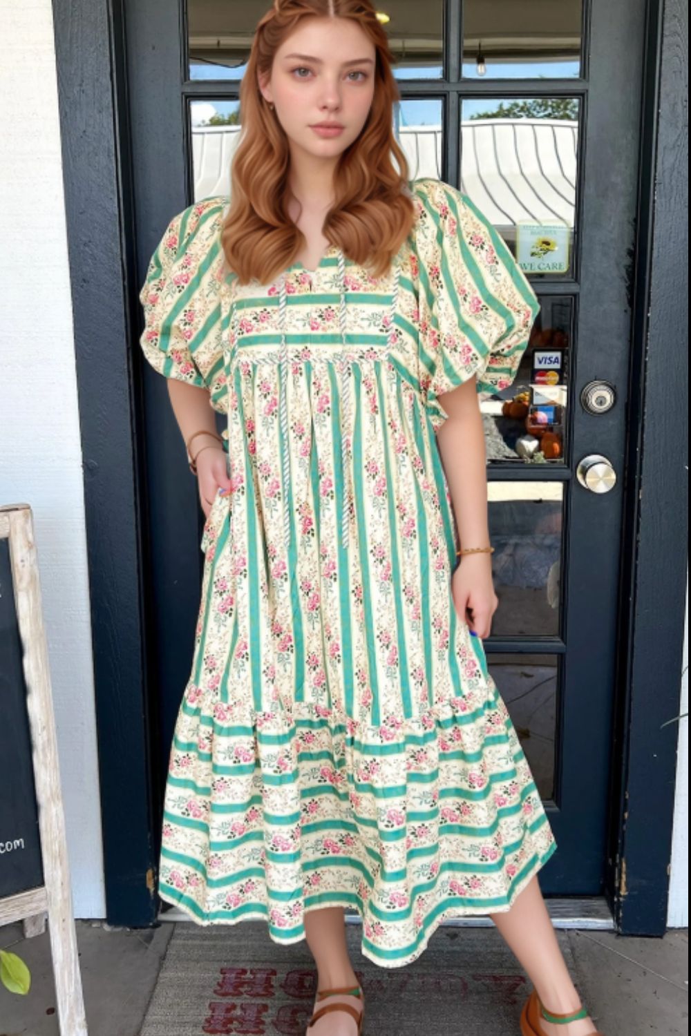 Striped Floral Print Tie Neck Puff Sleeve Midi Dress