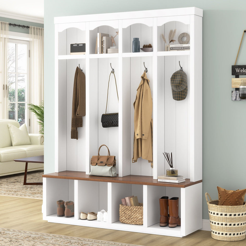 Entryway Hall Tree With Bench, 4 Hooks & Open Storage Space