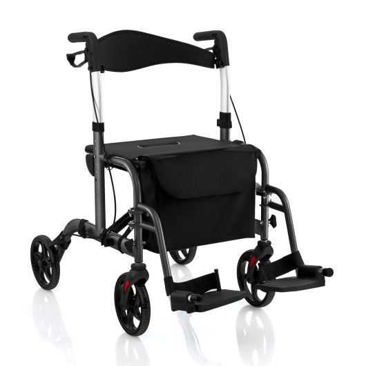 2-in-1 Adjustable Folding Handle Rollator Walker with Storage Space-Black