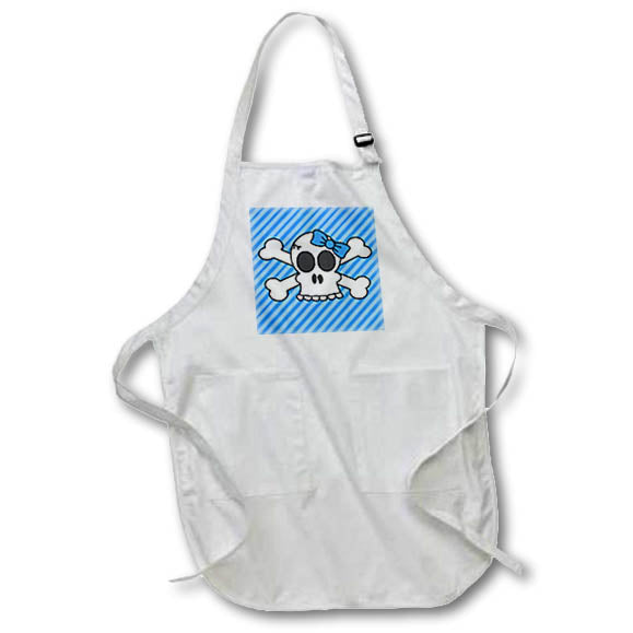 3dRose Janna Salak Designs Gothic - Cute Goth Punk Girl Skull with Bow and Crossbones Blue Stripes - Aprons (apr_24621)