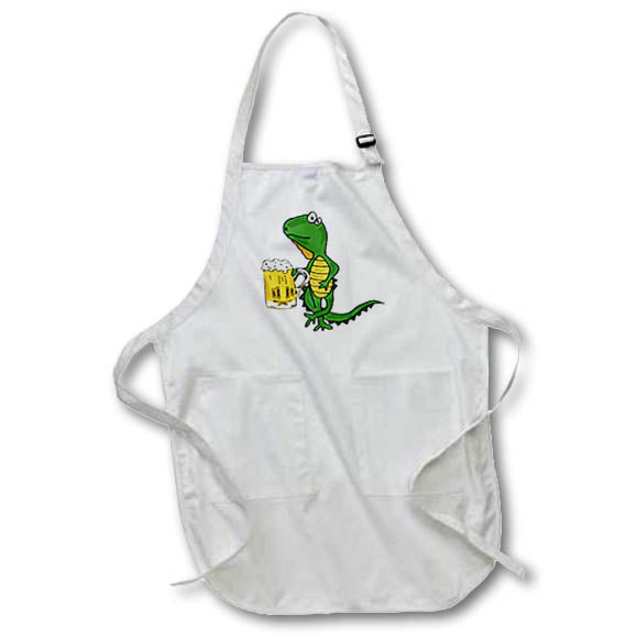 3dRose All Smiles Art Drinking - Funny Cute Iguana Drinking Beer Art - Aprons (apr_256476)