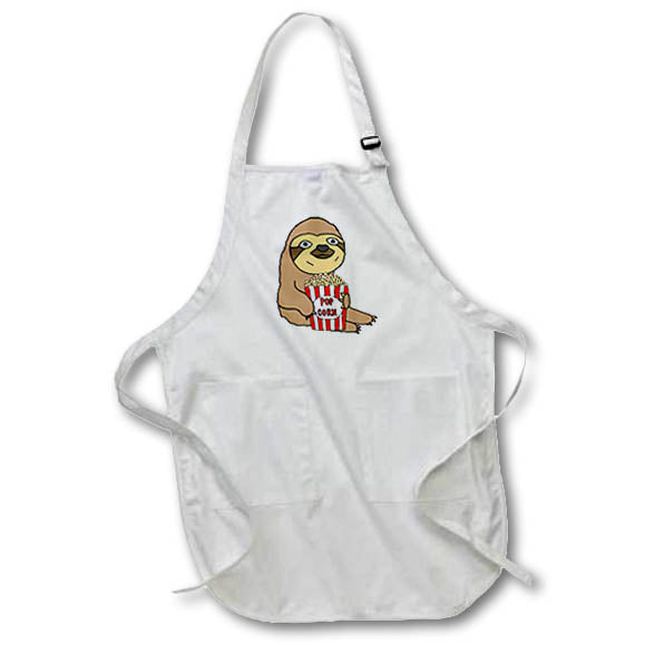 3dRose All Smiles Art Animals - Funny Cute Sloth Eating Popcorn Cartoon - Aprons (apr_256484)