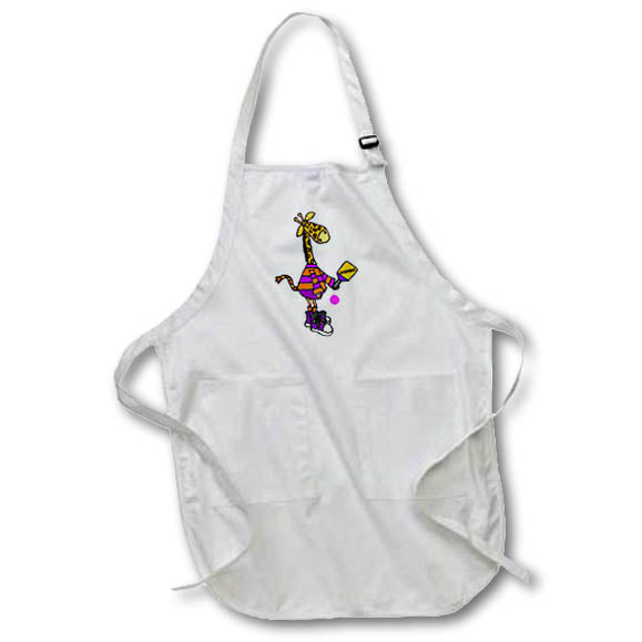 3dRose All Smiles Art Sports and Hobbies - Cute Funny Giraffe Playing Pickleball Sport Cartoon - Aprons (apr_288035)