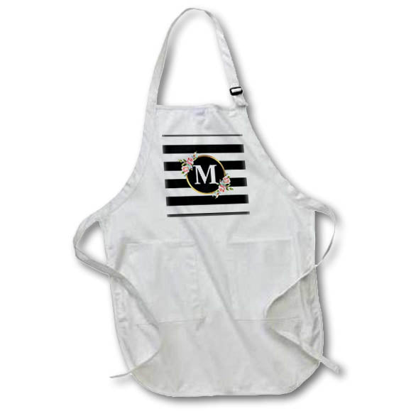 3dRose Floral Letter M Monogram - Black and White Stripes and Flowers initial - Aprons (apr_311499)