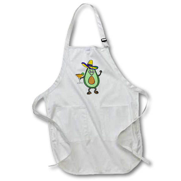 3dRose Funny Cute Avocado Man drinking Margarita wearing Sombrero and Sandals - Aprons (apr_315254)