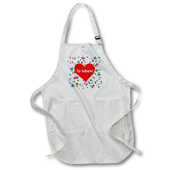 3dRose Te iubesc - I love you in Romanian - floral Romania red heart flowers - Aprons (apr_321411)