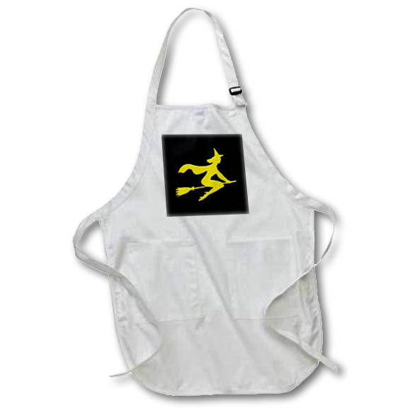 3dRose Alexis Design - Funny Witch - Silhouette image of a witch on broom. Yellow on black. - Aprons (apr_323680)