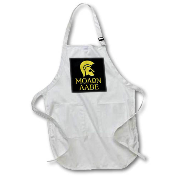 3dRose Ancient Greek helmet. Molon Labe - Come and take text. Yellow, black - Aprons (apr_326156)