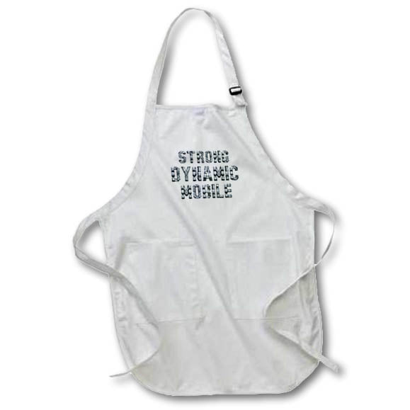 3dRose Strong, Dynamic, Mobile mechanical text art on white - Aprons (apr_339234)
