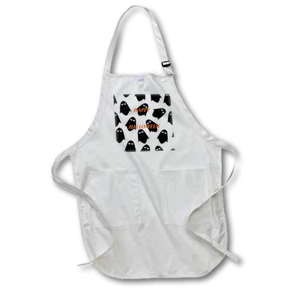 Apron - Image of A Toss Pattern Of Black Ghosts On White With Happy Halloween lens Art by Florene - Halloween