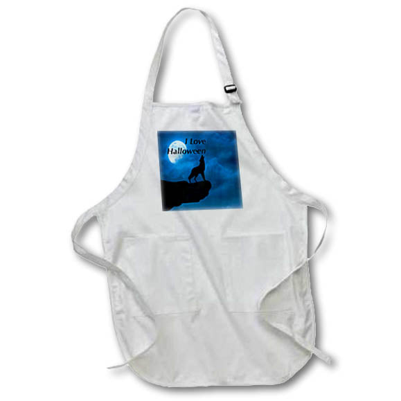 Apron - Image of A Lone Wolf In Silhouette with Moon Yells I Love Halloween lens Art by Florene - Halloween