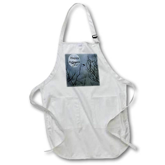 Apron - Image of Full Moon Says Happy Halloween With Crow And Bats lens Art by Florene - Halloween