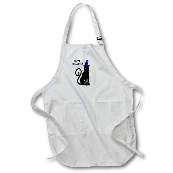 Apron - Image of Black Cat With Blue Witches Hat Says Happy Halloween lens Art by Florene - Halloween