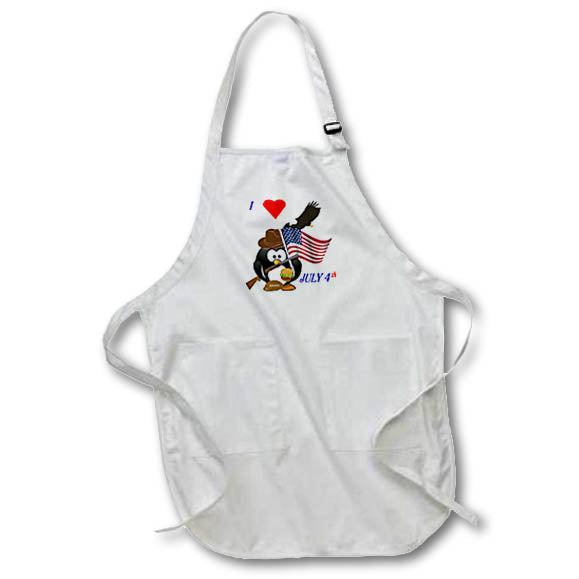 Apron - Image of Cartoon Penguin Holding USA Flag With Gun I Love July Four lens Art by Florene - July Fourth Holiday