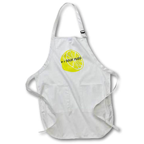 Apron - Image of Number One Sour Puss In Black On Cartoon Lemon lens Art by Florene - Humor In Fruit