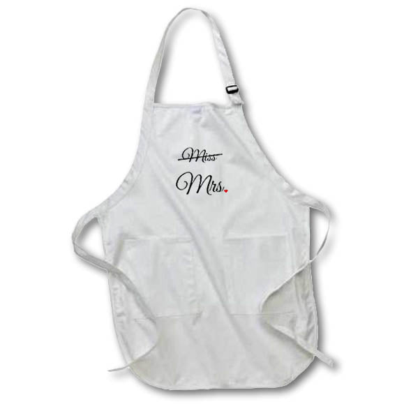 Apron - Miss crossed out and Mrs with a red heart. Black on white background. Stamp City - typography