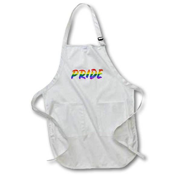 Apron - Pride written in rainbow, brush stroke lettering on white background. Stamp City - typography