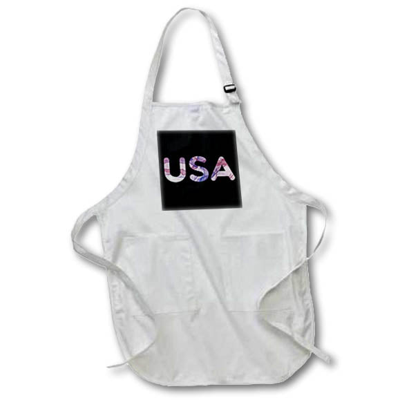 Apron - USA written in red, white, and blue on a black background. Stamp City - typography