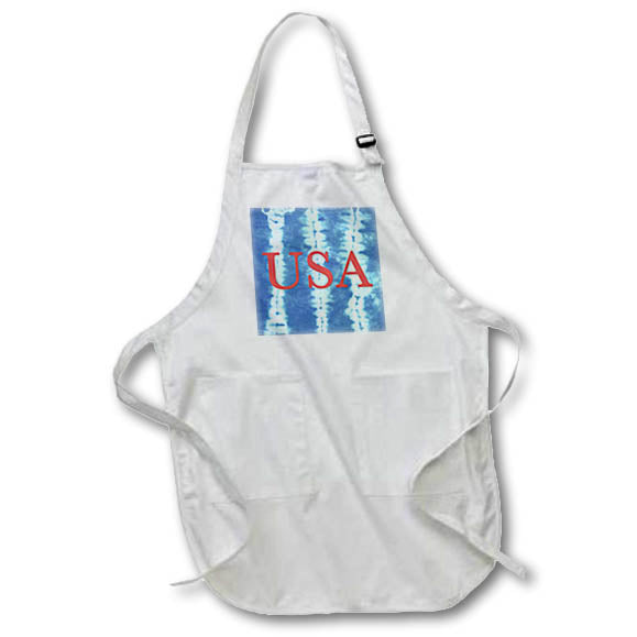 Apron - USA written in red on blue tie dye background. Stamp City - typography