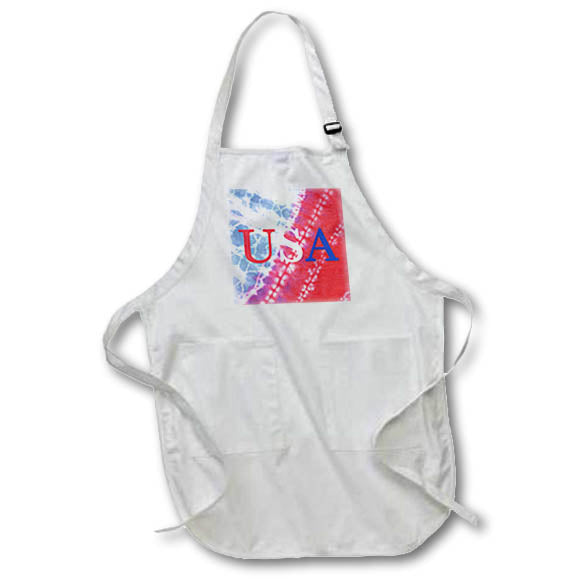 Apron - USA written in red, white, and blue on a patriotic tie dye background. Stamp City - typography