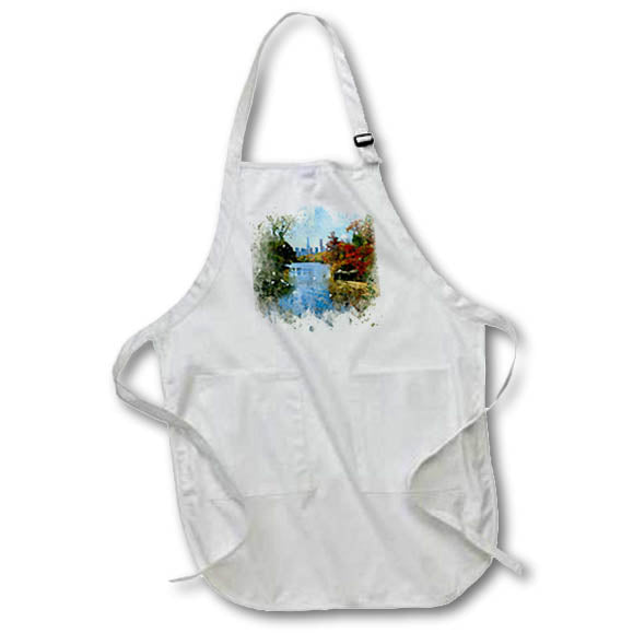 Apron - Image Of Watercolor Fall Foliage River With A City Background Image Of Watercolors