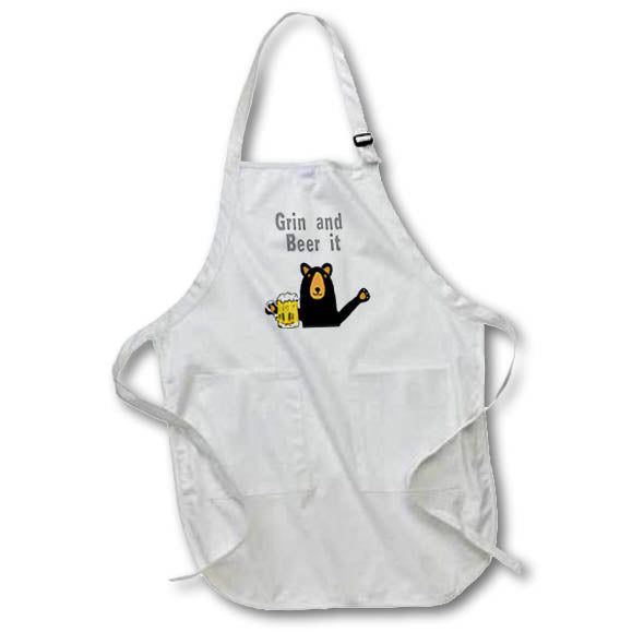 Apron - Funny Cute Black Bear Drinking Beer Grin and Beer it Pun Cartoon Funny