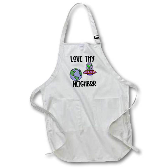 Apron - Funny Cute Green Martian Alien in Spaceship says Love thy Neighbor Funny