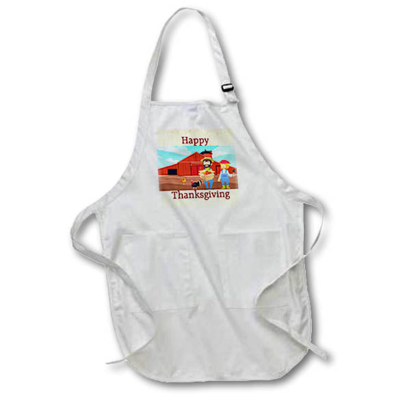 Apron - Image of Funny Retro Couple On Farm With Turkey And Red Barn lens Art by Florene - Thanksgiving With Text