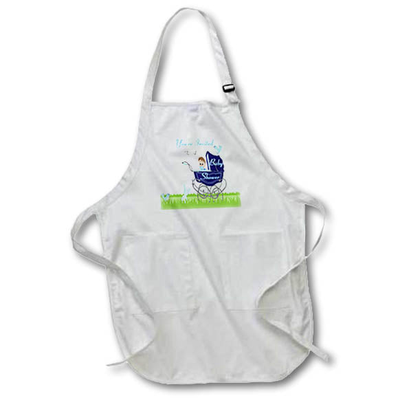 Apron - Image of Navy Blue Carriage With Baby And Bunnies Baby Invite lens Art by Florene - Baby Shower