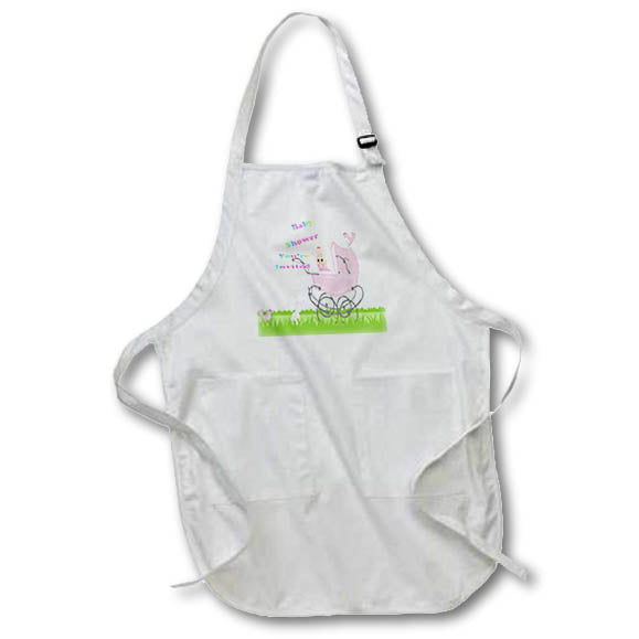 Apron - Image of Pink Baby Carriage With Girl And Bunnies Invitation Bird lens Art by Florene - Baby Shower