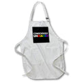 Apron - Consciously unbiased. White and rainbow lettering on black background. Stamp City - typography