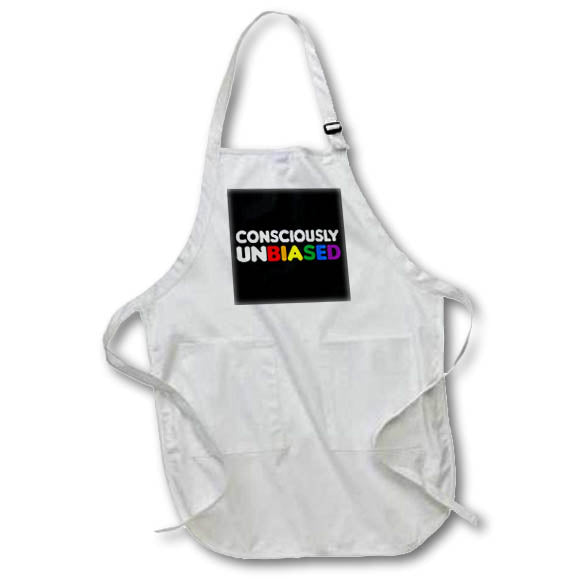 Apron - Consciously unbiased. White and rainbow lettering on black background. Stamp City - typography
