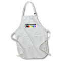Apron - Consciously unbiased. Black and rainbow lettering on white background. Stamp City - typography