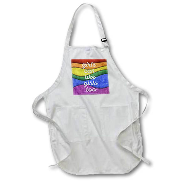 Apron - Girls can like girls too. White cursive on a wavy rainbow background. Stamp City - typography
