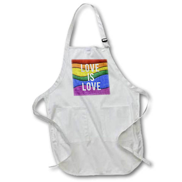 Apron - Love is Love in distressed white print on a wavy rainbow background. Stamp City - typography
