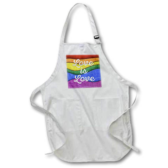 Apron - Love is Love in distressed white cursive on a wavy rainbow background. Stamp City - typography