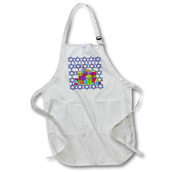 Apron - Image of Happy Chanukah On Presents with Blue Magen David Back lens Art by Florene - Chanukah 2021 Or 5782
