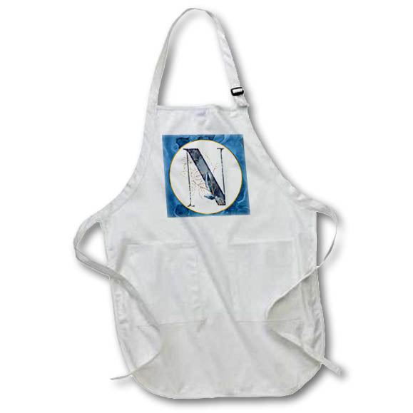Apron - Monogram N Blue Image Of Watercolor Image Of Gold Leaves Monograms