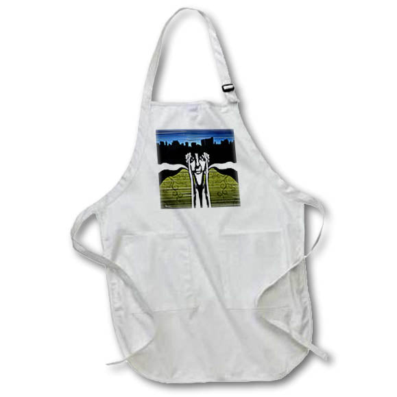 Apron - Fun face and silhouette of city skyline, with blue and green graphics. Designs - Cities And Structures