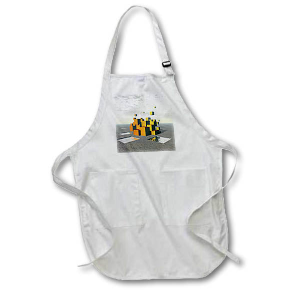 Apron - An abstract architectural structure of mystery with floating orange cubes. Designs - Surreal