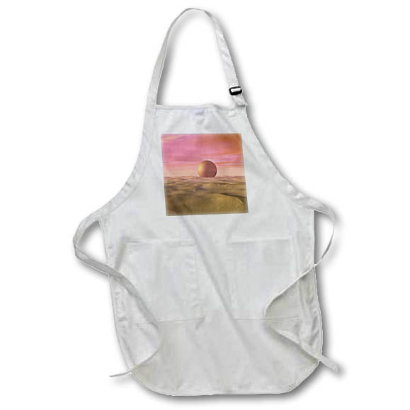 Apron - Surreal giant sphere rests in desert landscape with pick sky background. Designs - Cities And Structures