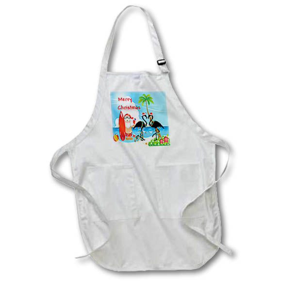 Apron - Image of Santa Surfboard And Flamingoes On Beach Say Merry Christmas lens Art by Florene - Christmas