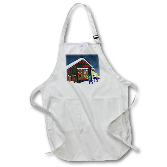 Apron - Image of Merry Christmas Words On Ski Lodge With Blue Reindeer lens Art by Florene - Christmas