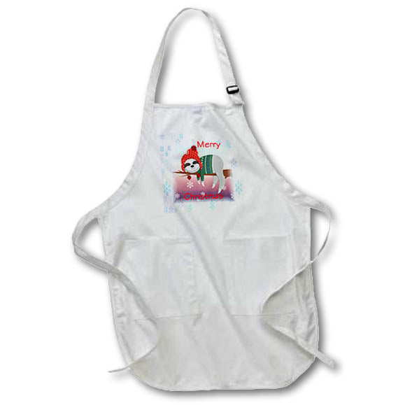 Apron - Image of Cute Sloth On Limb In Snow With Santa Hat Say Merry Christmas lens Art by Florene - Christmas