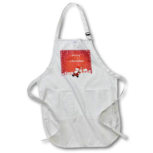 Apron - Image of Red Sky White Snow And Santa Near Homes Say Merry Christmas lens Art by Florene - Christmas
