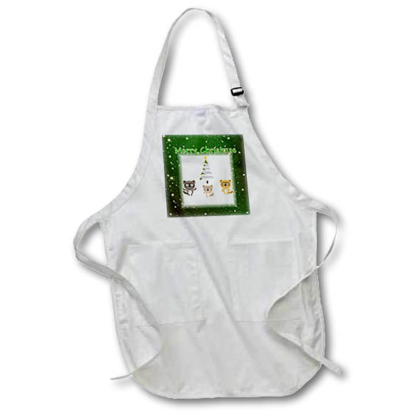 Apron - Image of Merry Christmas With Three Racoons On Green Bokeh And Tree lens Art by Florene - Christmas
