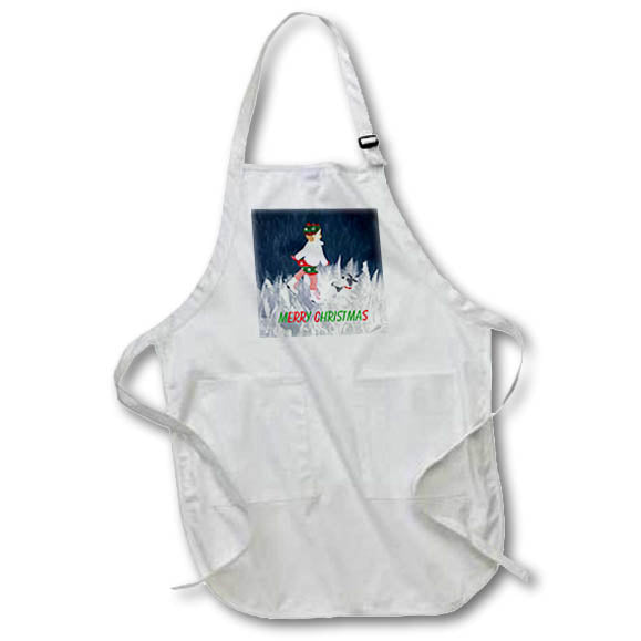Apron - Image of Girl Ice Skate With Dog Against Dark Blue Sky Merry Christmas lens Art by Florene - Christmas