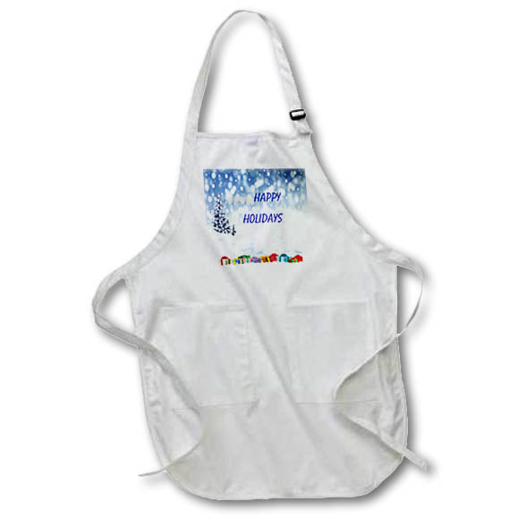 Apron - Image of Blue Christmas Tree In Snowstorm With Multi Color Gifts lens Art by Florene - Christmas
